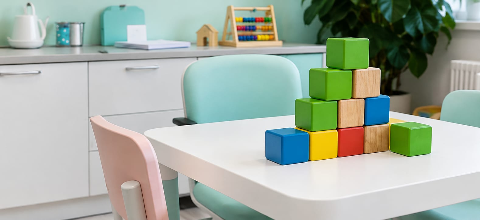 Sala de atendimento infantil com mesa, cadeiras e blocos coloridos, representando um ambiente de aprendizagem e intervenção comportamental.