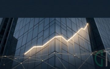 Fachada de edifício corporativo reflete gráfico ascendente e rede de conexões digitais, em alusão ao semestre recorde do crowdfunding de investimento.