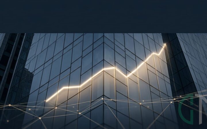 Fachada de edifício corporativo reflete gráfico ascendente e rede de conexões digitais, em alusão ao semestre recorde do crowdfunding de investimento.