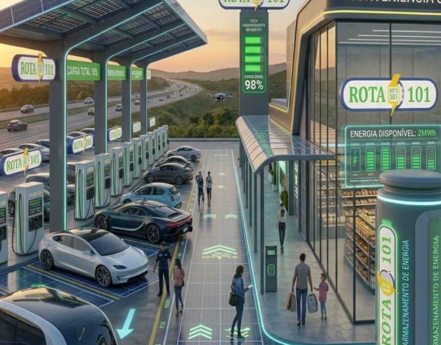 Projeção conceitual de unidade da rede Rota BR 101: estação de recarga rápida com carregadores DC, cobertura fotovoltaica e conveniência integrada ao longo do corredor da BR-101.