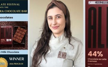 Francine Corrado, engenheira de alimentos e proprietária da ALMA Chocolates, celebra a medalha de prata na categoria chocolate ao leite do Chocolate Alliance Awards.