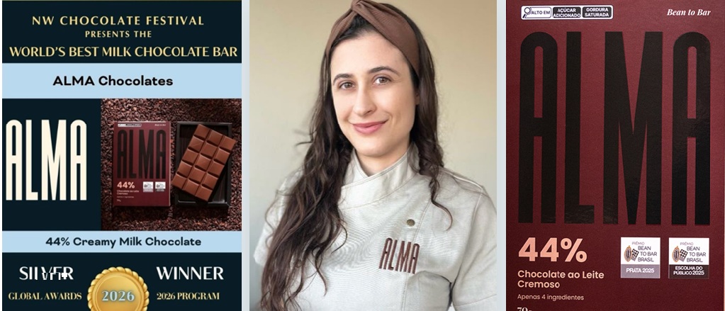 Francine Corrado, engenheira de alimentos e proprietária da ALMA Chocolates, celebra a medalha de prata na categoria chocolate ao leite do Chocolate Alliance Awards.
